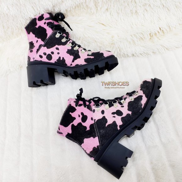 Baby Pink Faux Fur Cow Print Lug Sole Emo Ankle boots - Picture 6 of 14